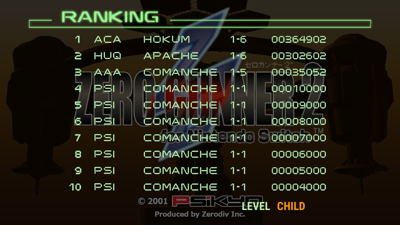 Screenshot: Zero Gunner 2+ local leaderboards on Child difficulty showing HUQ at 2nd place with a score of 364 902
